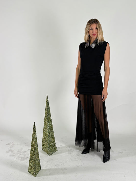 Haveone Abito lungo con colletto di strass staccabile NERO