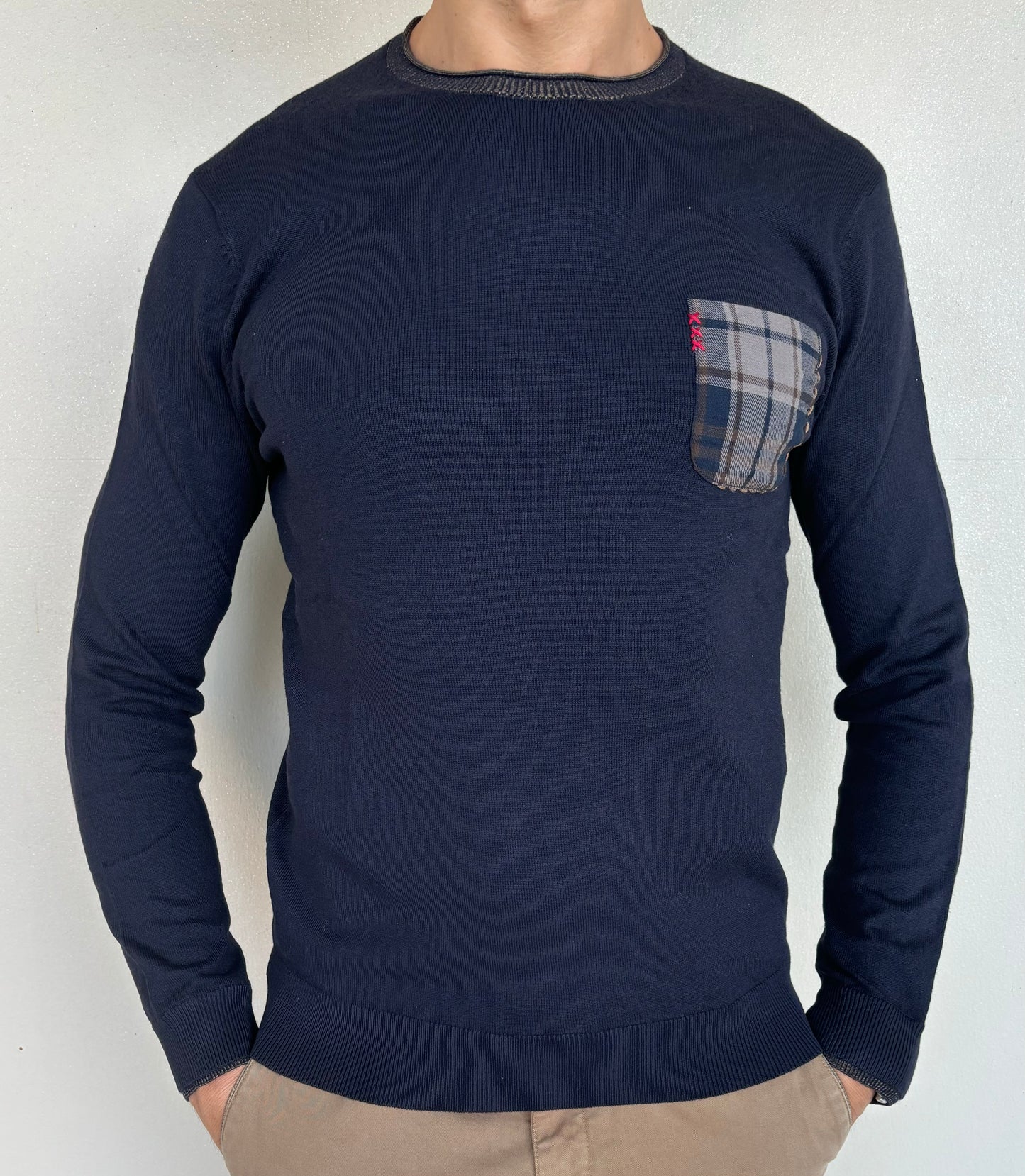 Loft88 maglia girocollo con taschino misto lana BLU NAVY