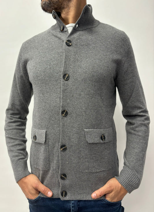 Loft88 giacca-maglia bottoni misto cashmere con toppe GRIGIO