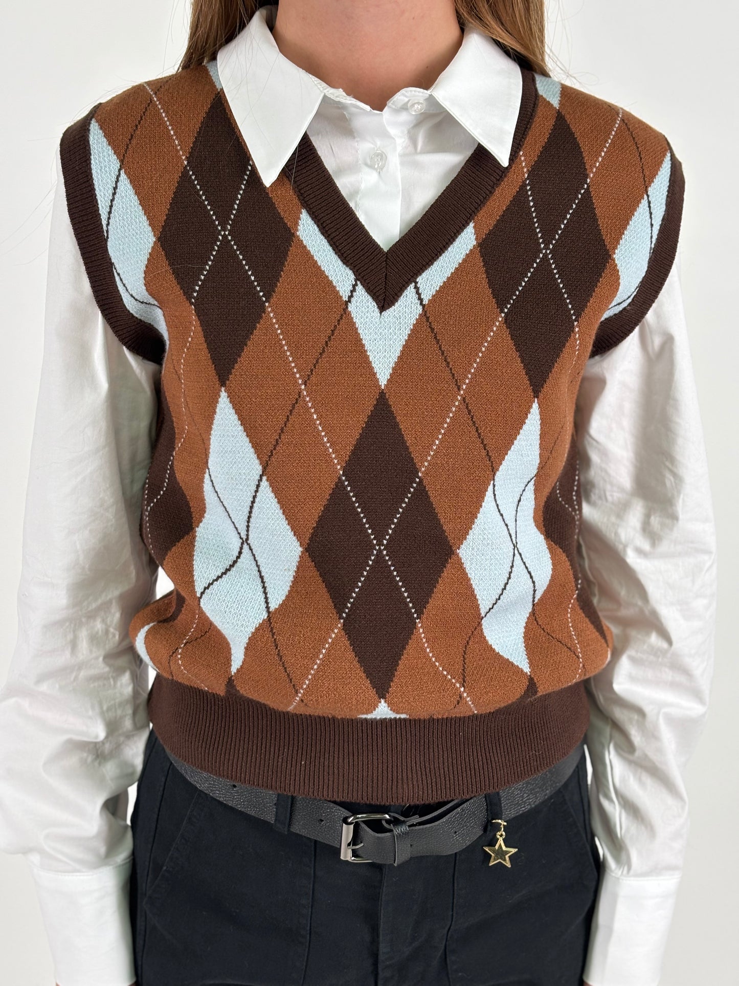 Susy Mix Gilet a rombi V CELESTE/MARRONE/CAMMELLO