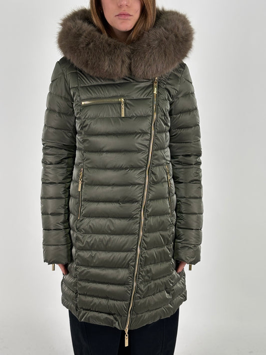 Relish Piumino lungo effetto satin con cappuccio VERDE