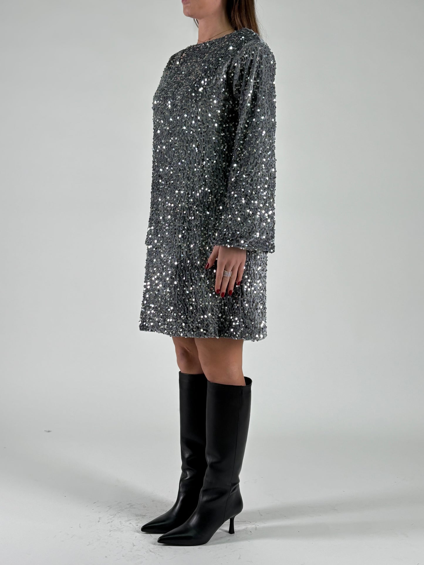 Aglaea Abito corto girocollo ml in paillettes argento GRIGIO
