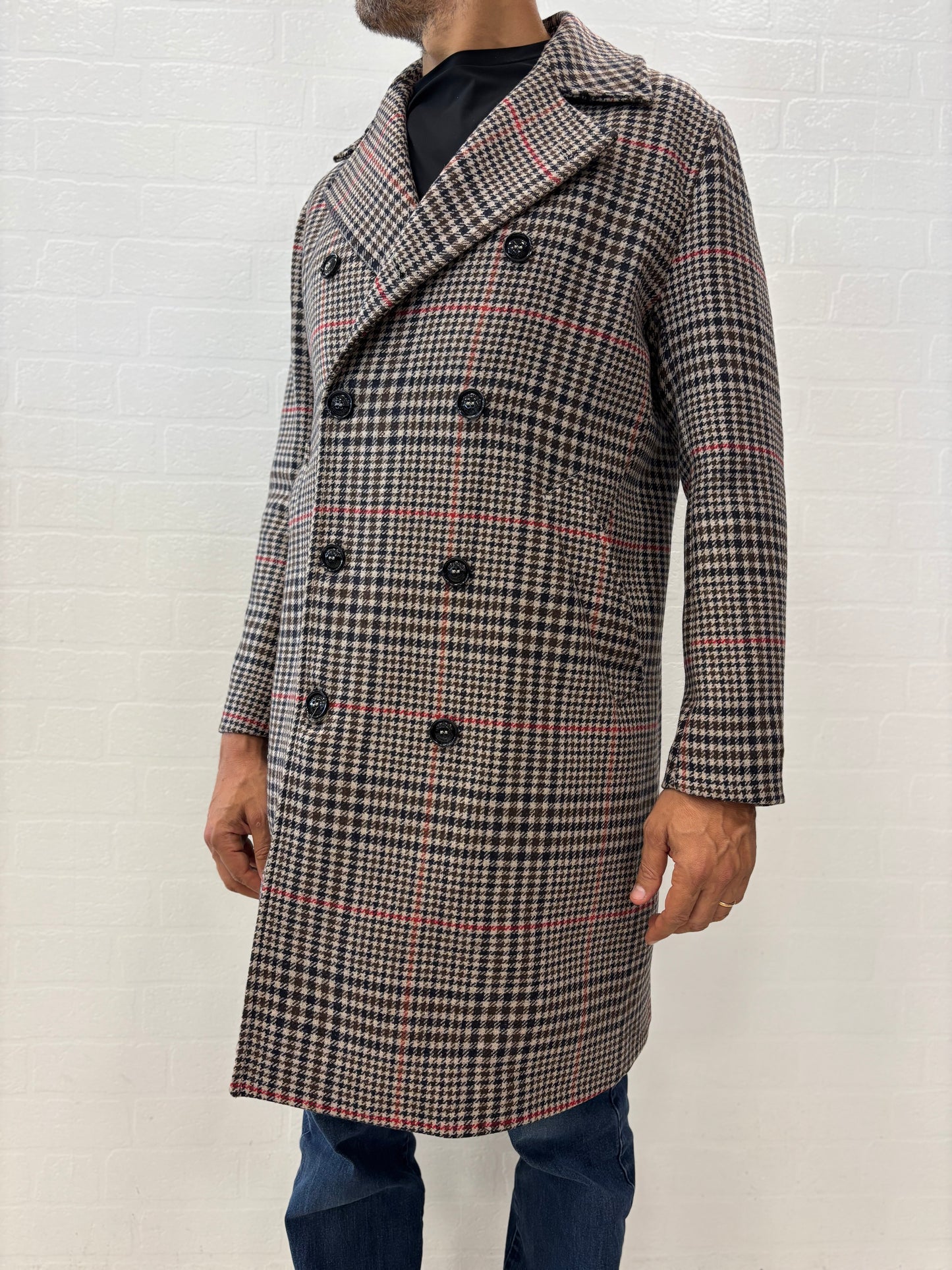 Bharnaba cappotto doppiopetto over scacchi BEIGE BLU ROSSO