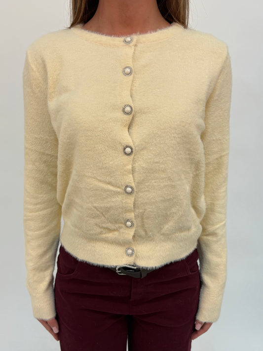 Molly Bracken Cardigan peluche con bottoni gioiello PANNA