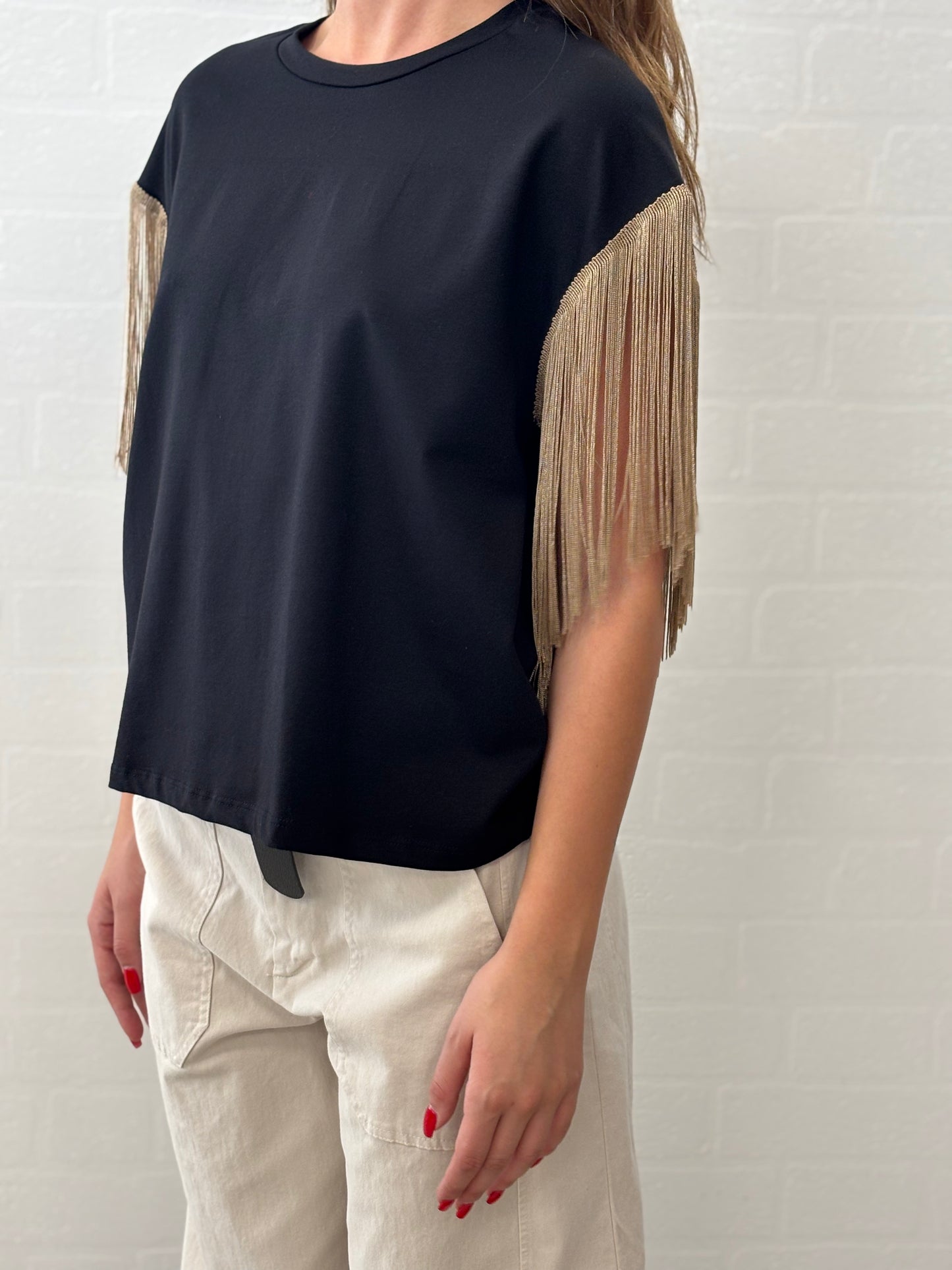 Susy Mix  t-shirt mm con frangia beige NERO