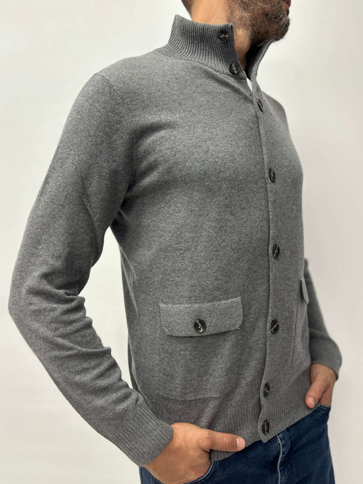 Loft88 giacca-maglia bottoni misto cashmere con toppe GRIGIO