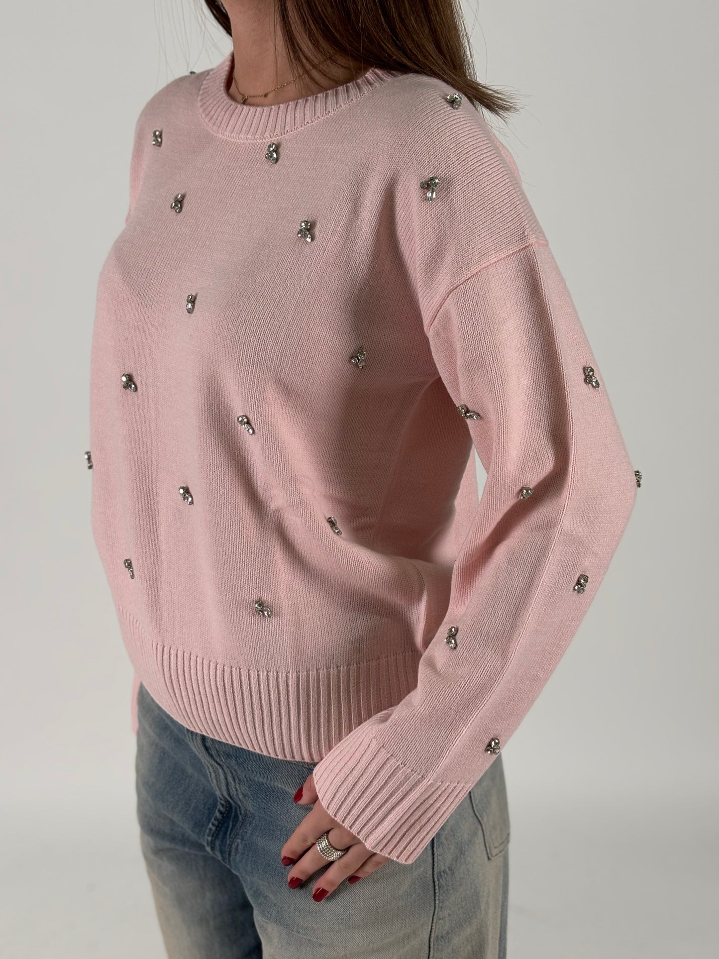 Kocca Maglia girocollo  in lana con strass ROSA