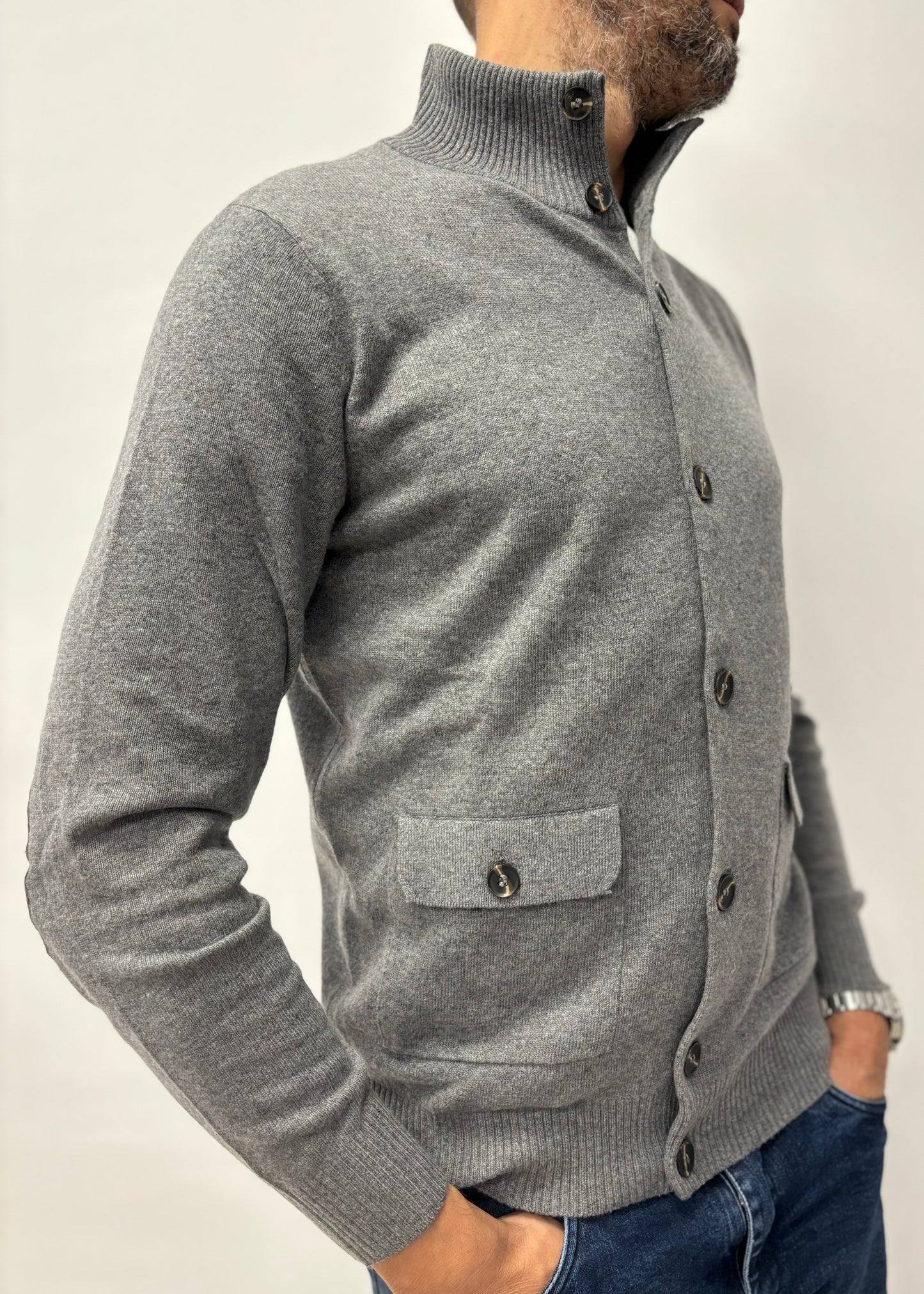 Loft88 giacca-maglia bottoni misto cashmere con toppe GRIGIO