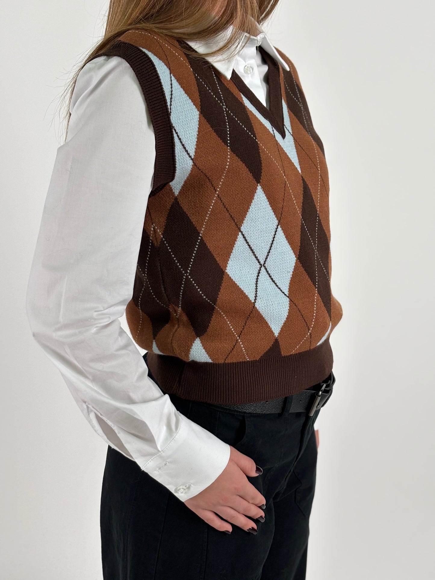 Susy Mix Gilet a rombi V CELESTE/MARRONE/CAMMELLO