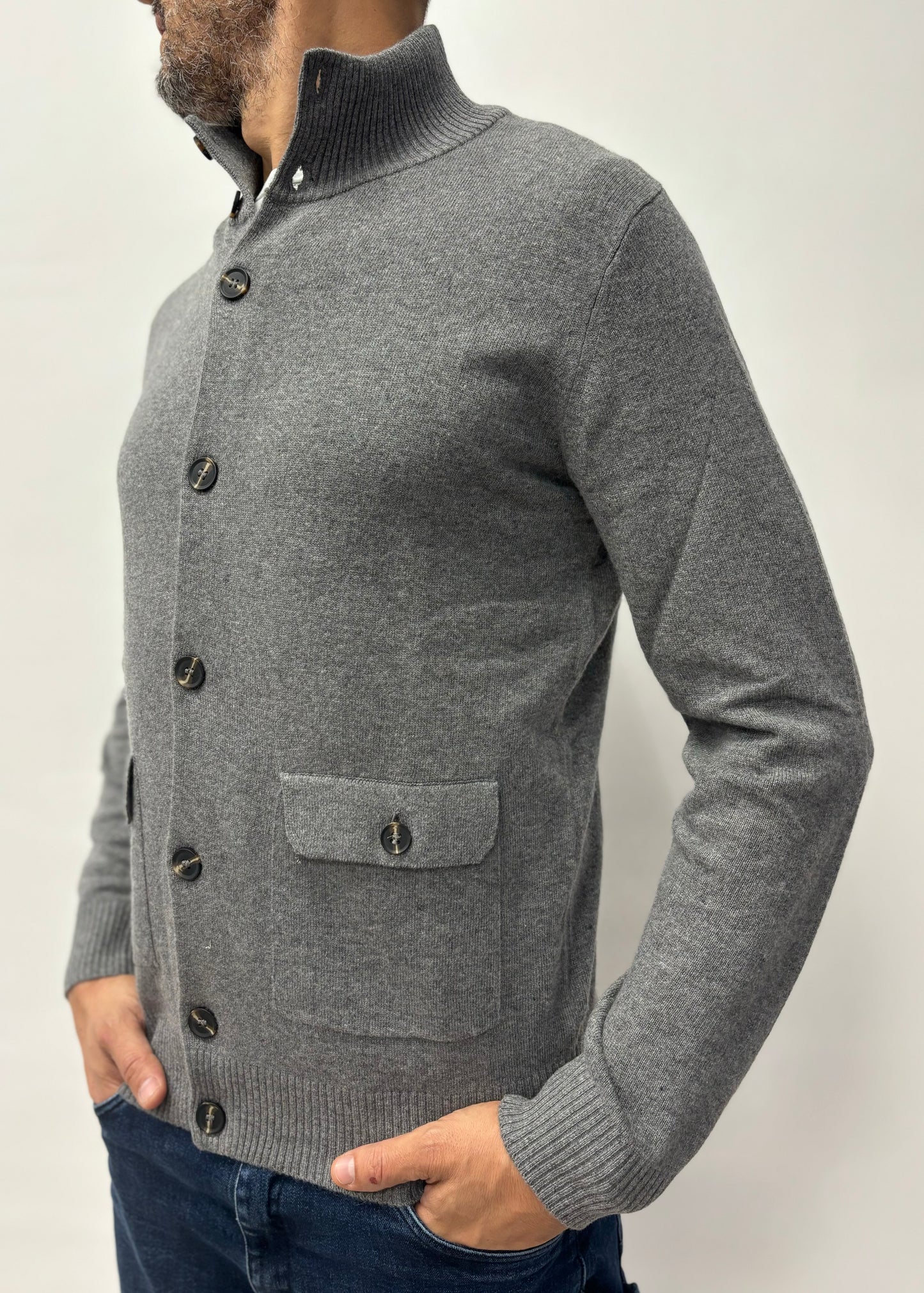 Loft88 giacca-maglia bottoni misto cashmere con toppe GRIGIO