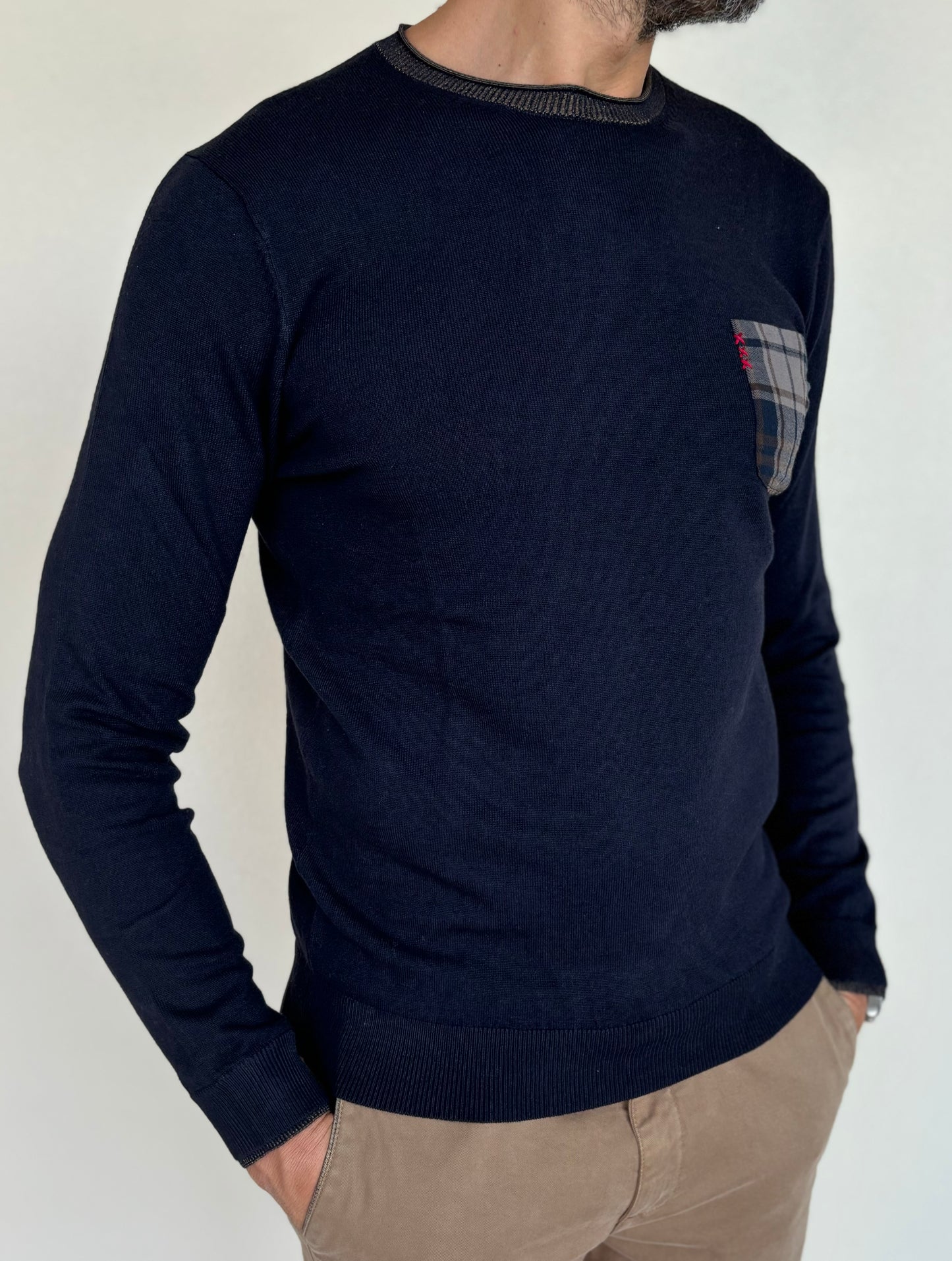 Loft88 maglia girocollo con taschino misto lana BLU NAVY