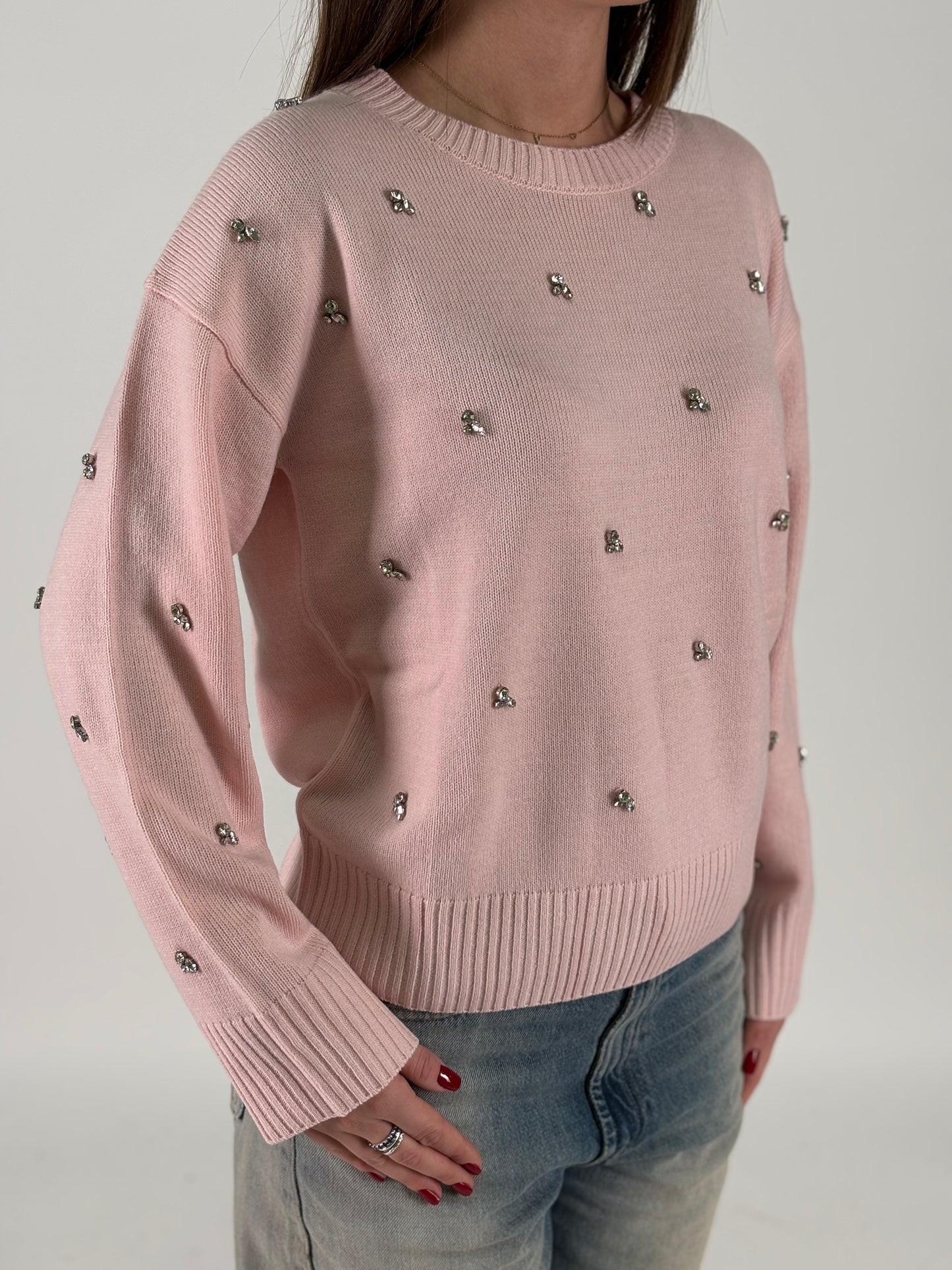 Kocca Maglia girocollo  in lana con strass ROSA