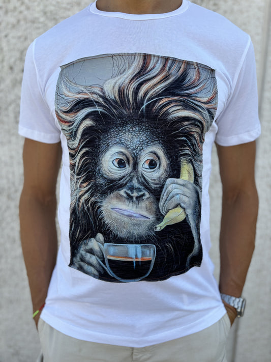 Trepuntonove t-shirt  scimmia banana tazza caffè BIANCO