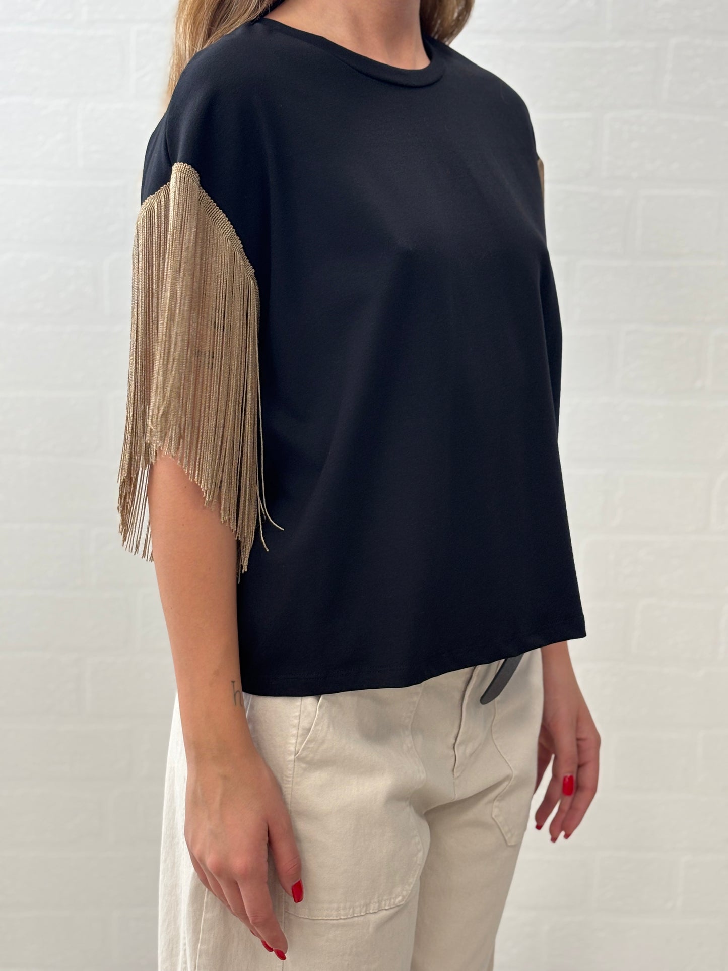 Susy Mix  t-shirt mm con frangia beige NERO