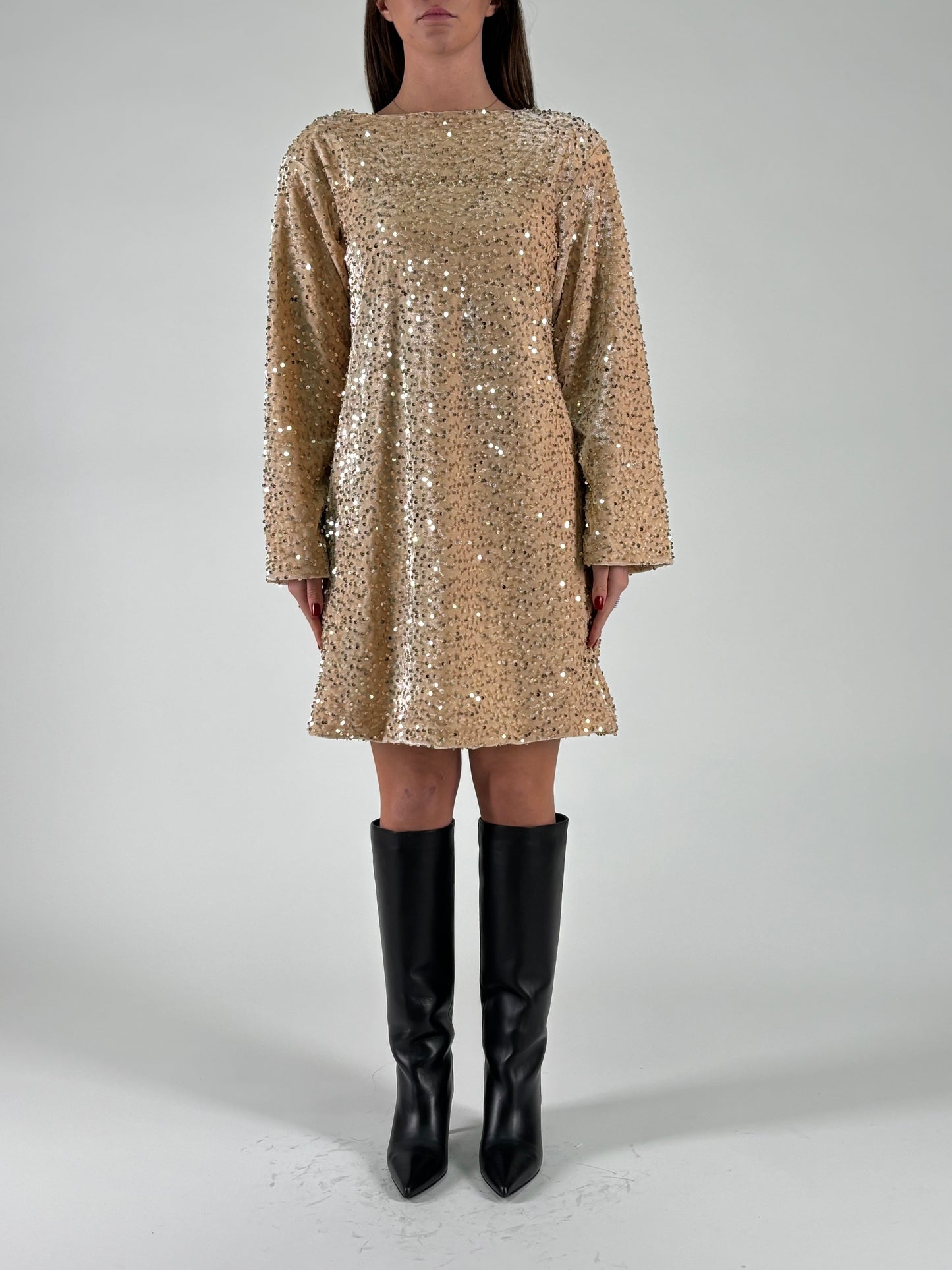 Aglaea Abito corto girocollo ml in paillettes oro BURRO