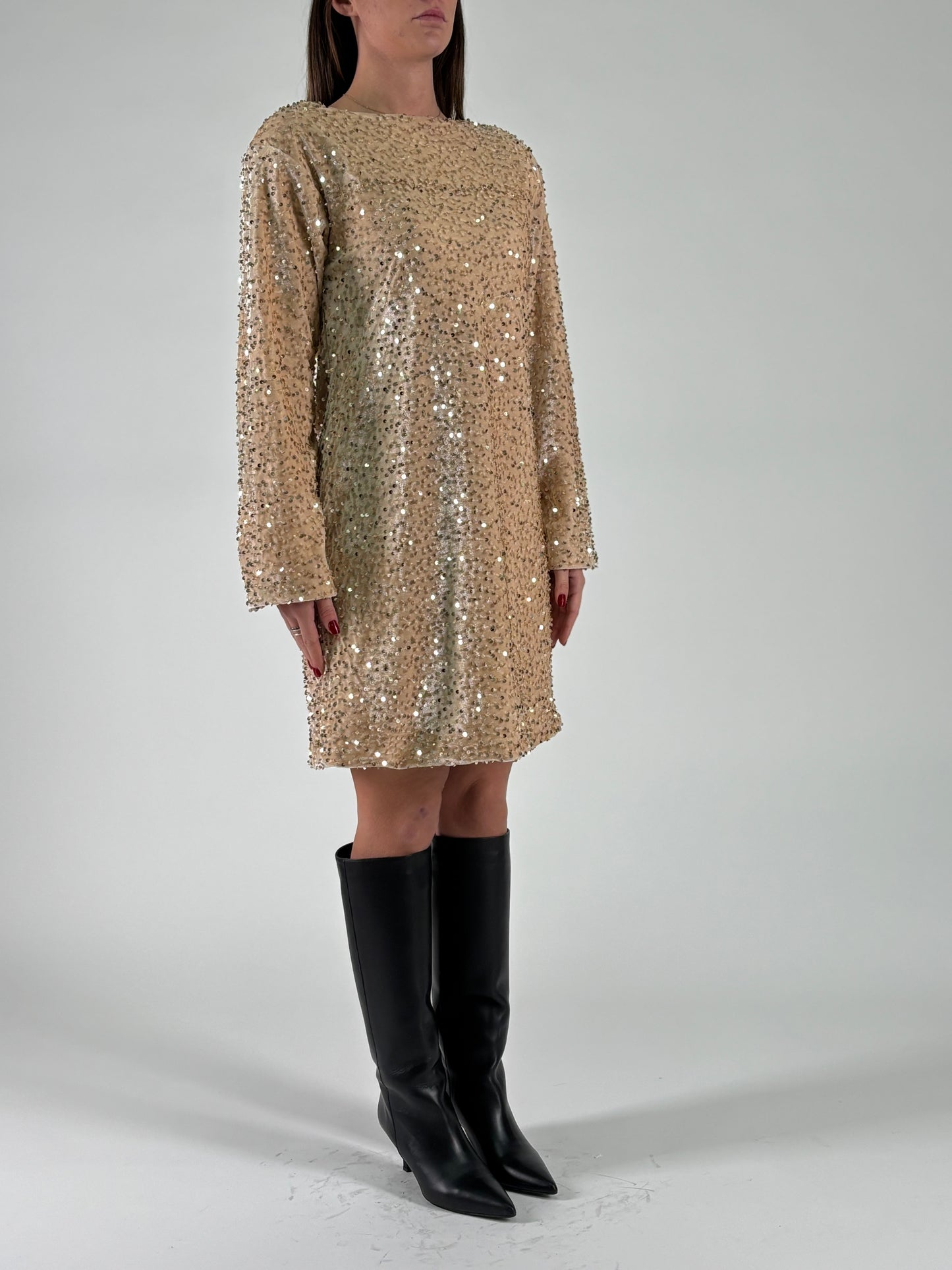 Aglaea Abito corto girocollo ml in paillettes oro BURRO