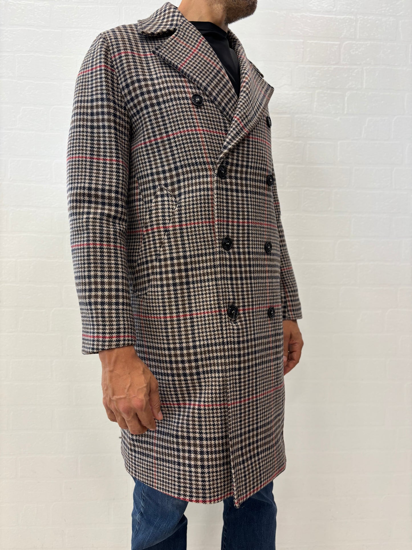 Bharnaba cappotto doppiopetto over scacchi BEIGE BLU ROSSO