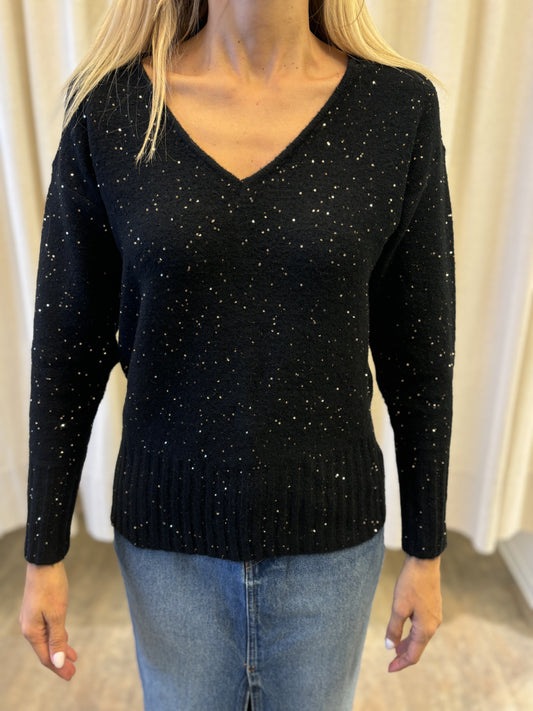 Molly Bracken Maglione scollo a v, con lurex e micro paillettes NERO