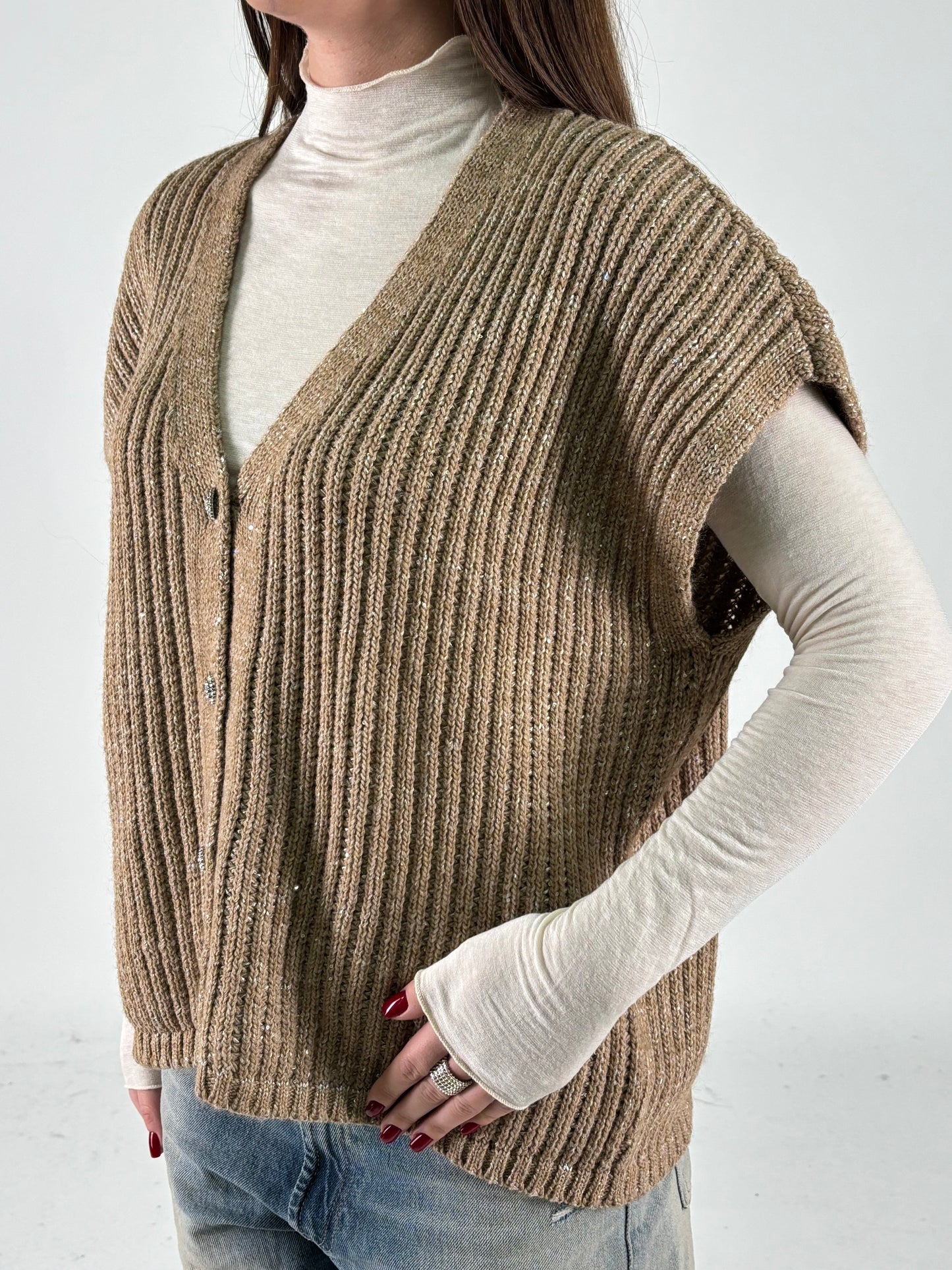 Kocca Cardigan smanicato bottoni gioiello SABBIA