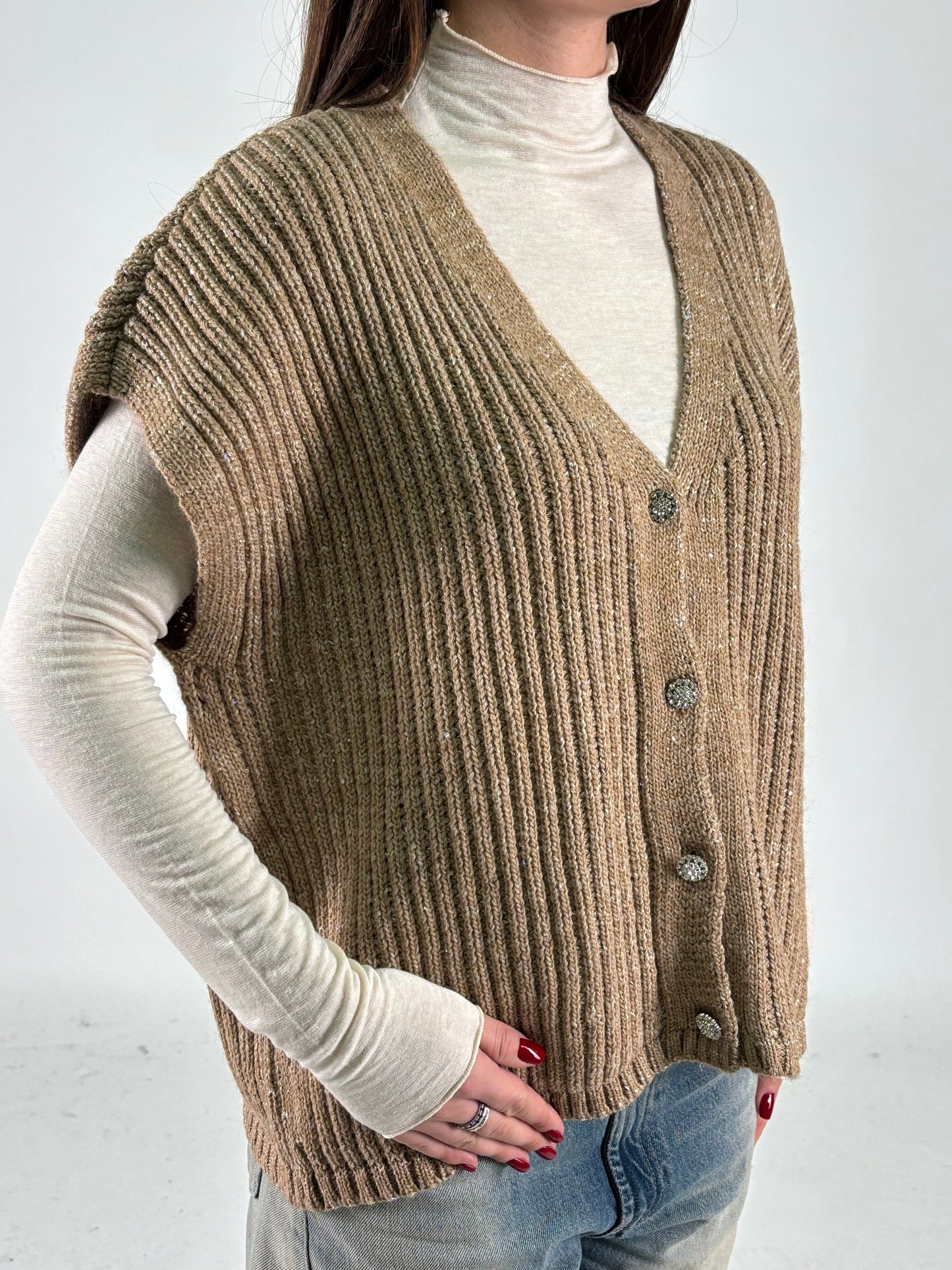 Kocca Cardigan smanicato bottoni gioiello SABBIA