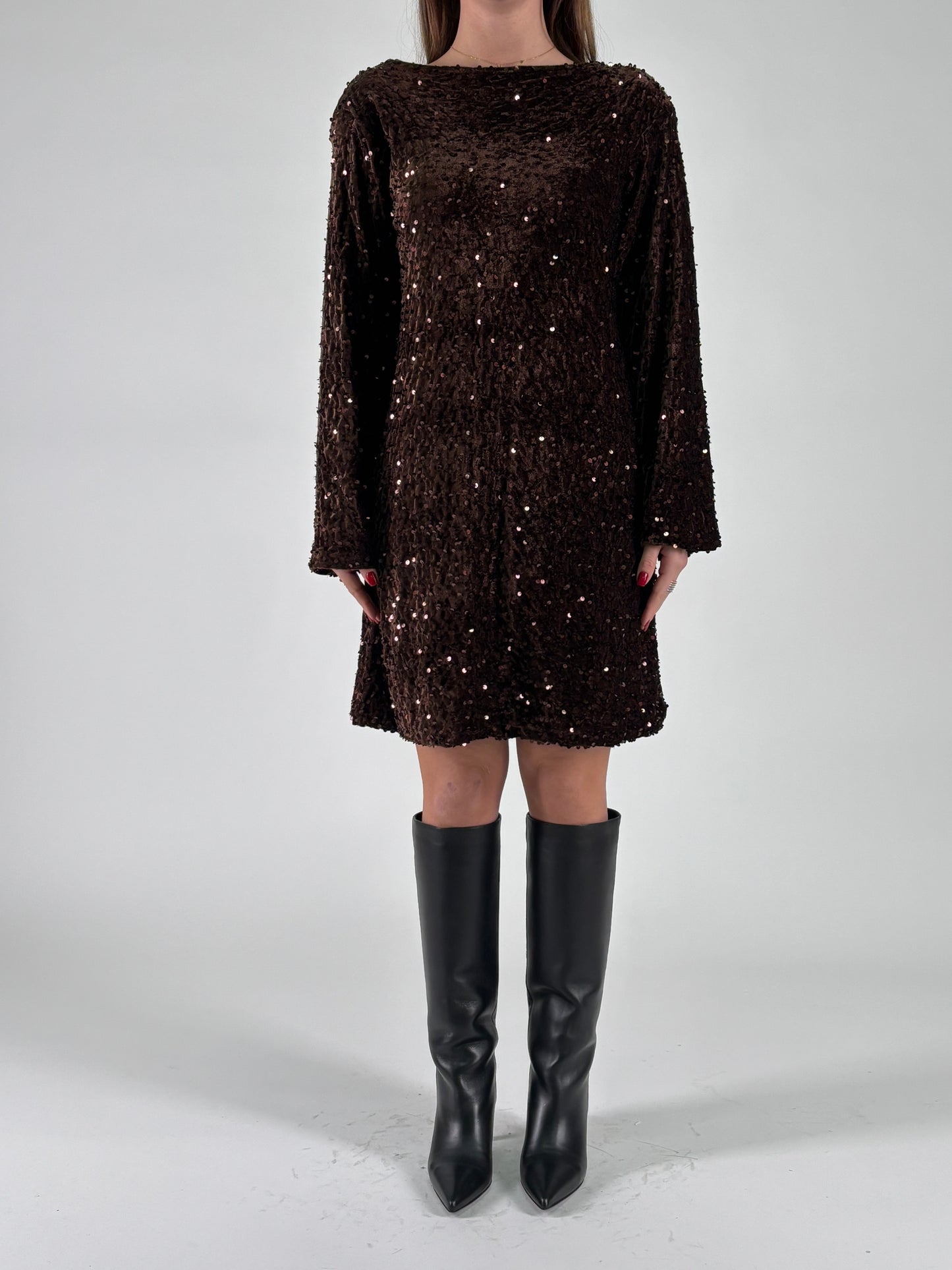 Aglaea Abito corto girocollo ml in paillettes marrone MARRONE