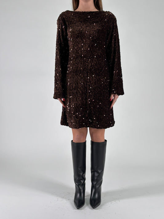 Aglaea Abito corto girocollo ml in paillettes marrone MARRONE