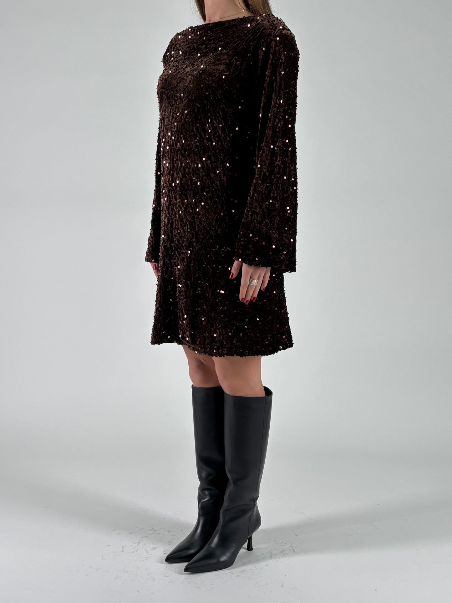 Aglaea Abito corto girocollo ml in paillettes marrone MARRONE