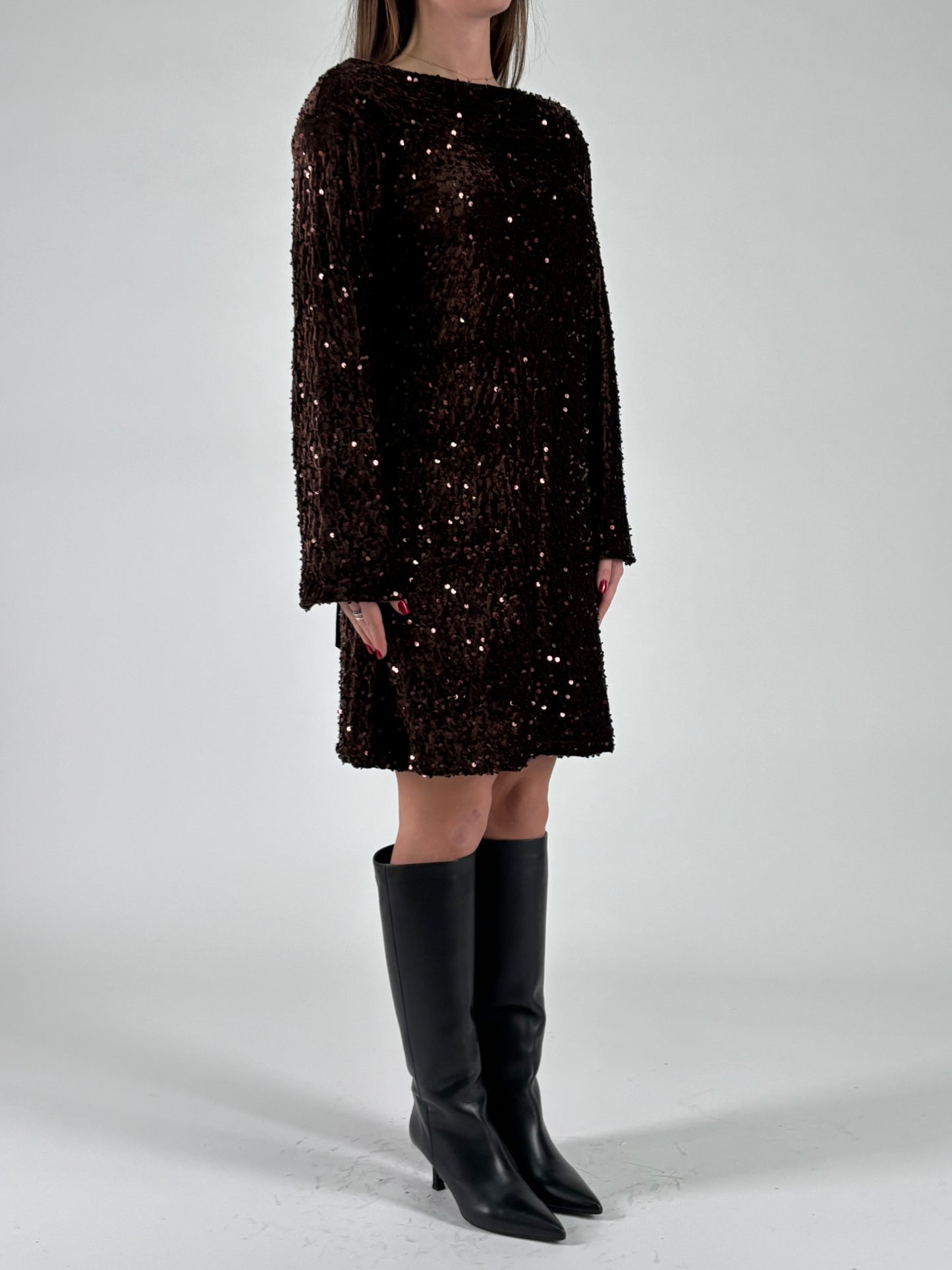 Aglaea Abito corto girocollo ml in paillettes marrone MARRONE