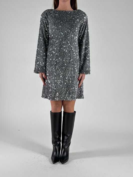 Aglaea Abito corto girocollo ml in paillettes argento GRIGIO