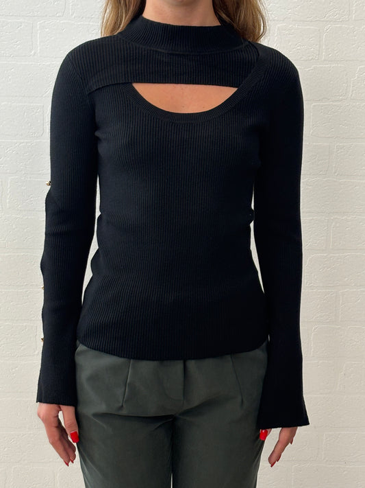 Griffai Maglia Lupetto a coste ml con aperture e bottoni oro NERO