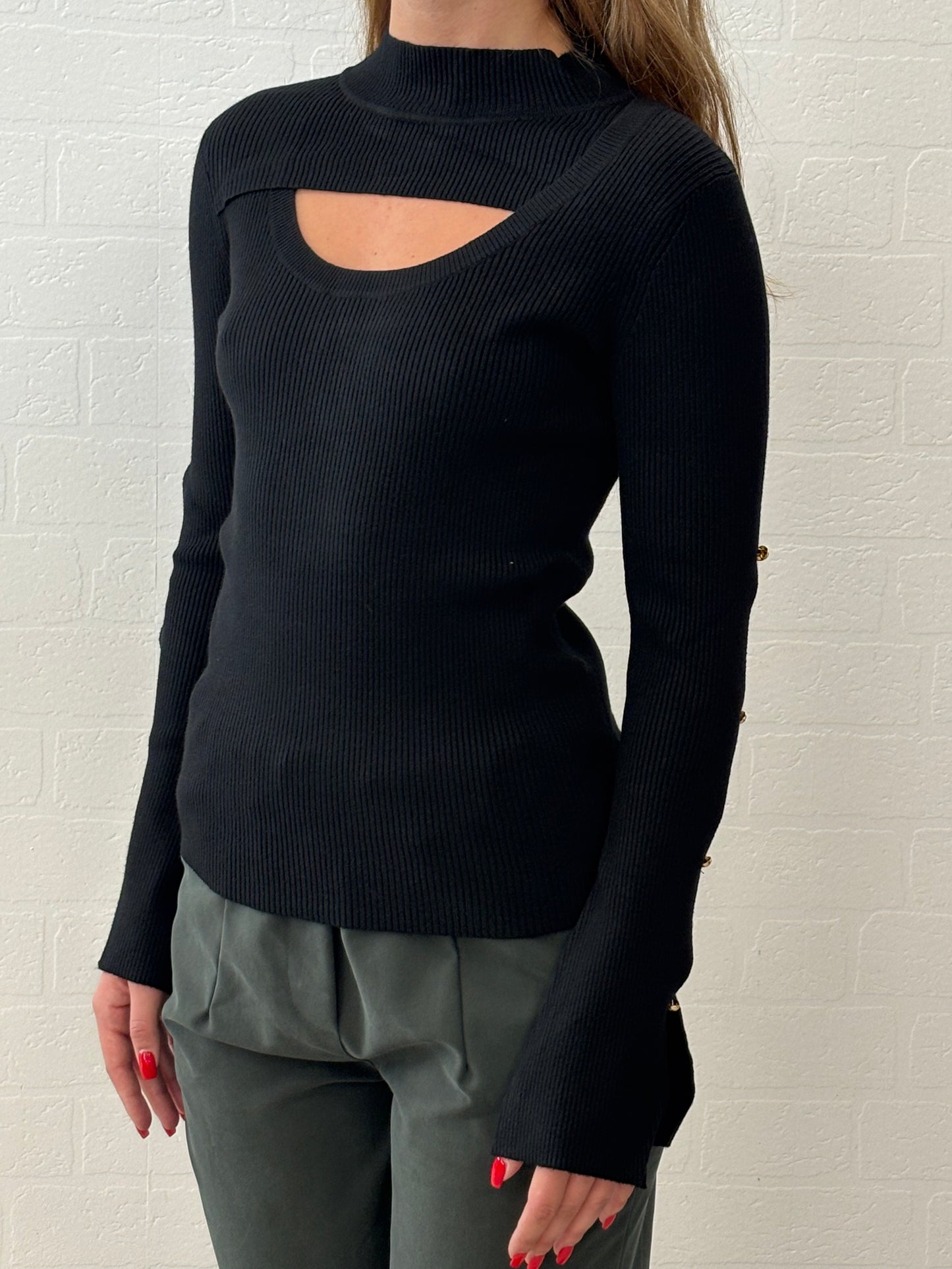 Griffai Maglia Lupetto a coste ml con aperture e bottoni oro NERO