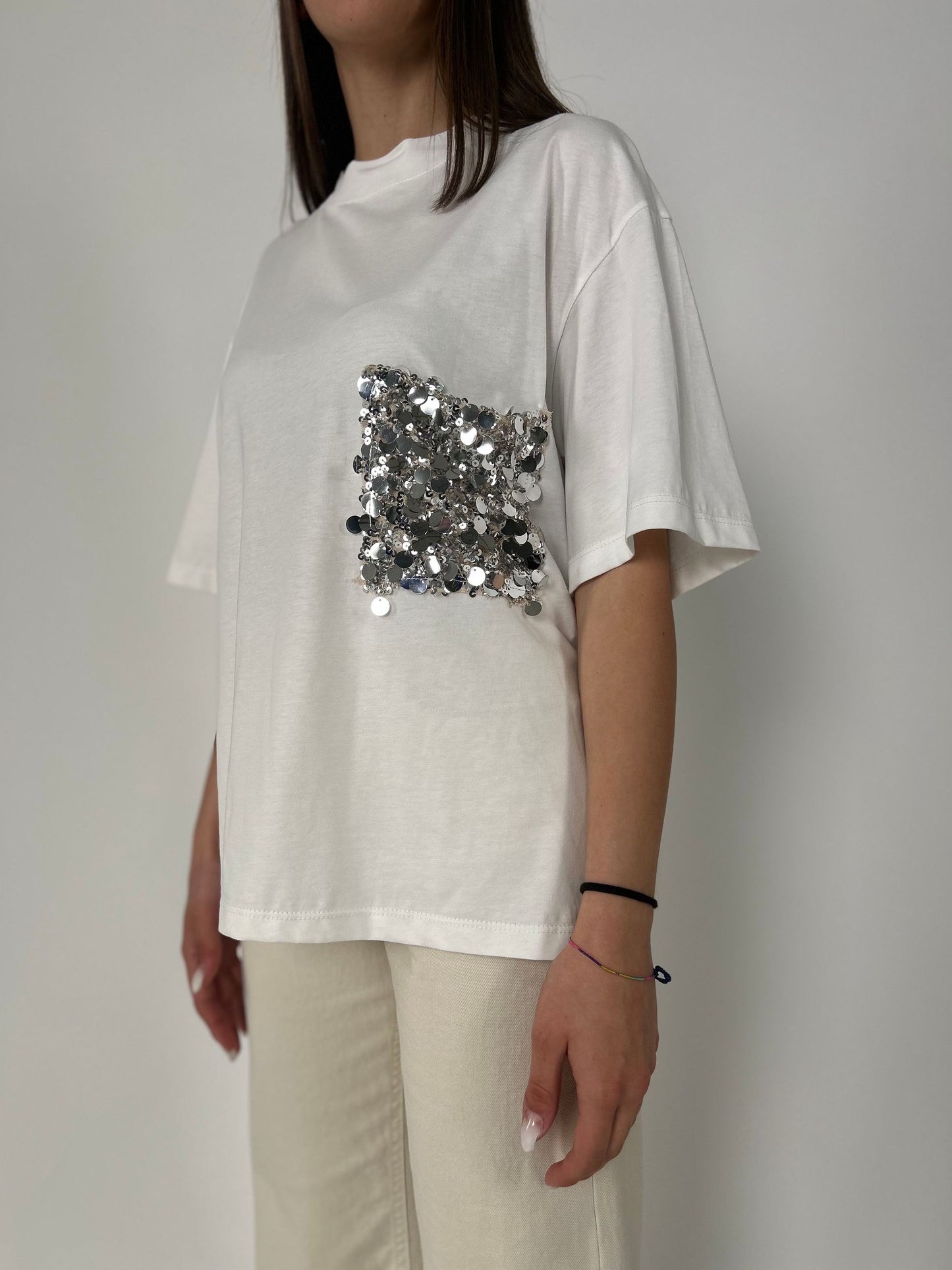 T-shirt mm taschino paillettes argento