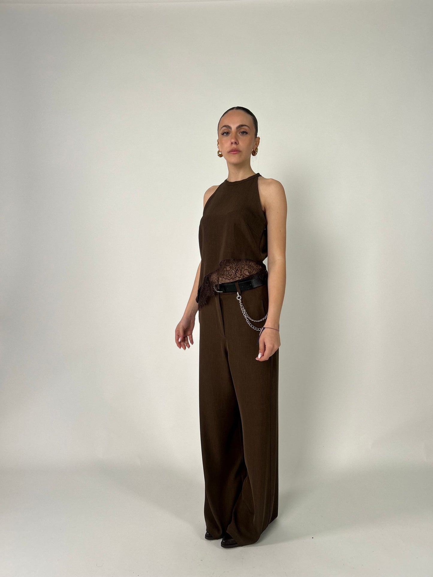 Gonna midi con pizzo marrone