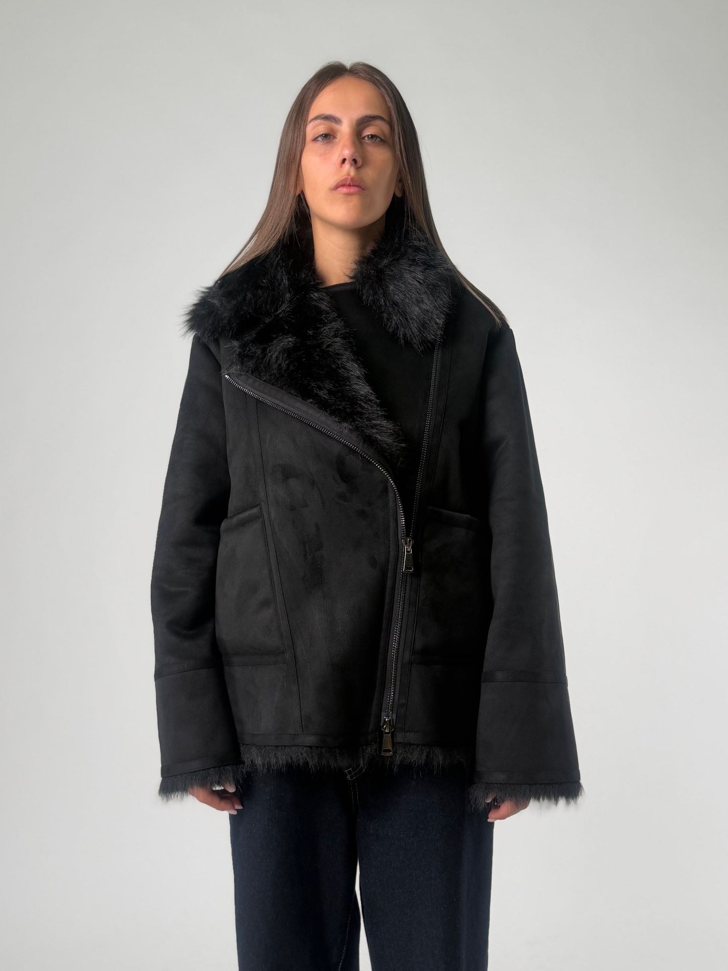 Simil pelliccia corta biker reversibile