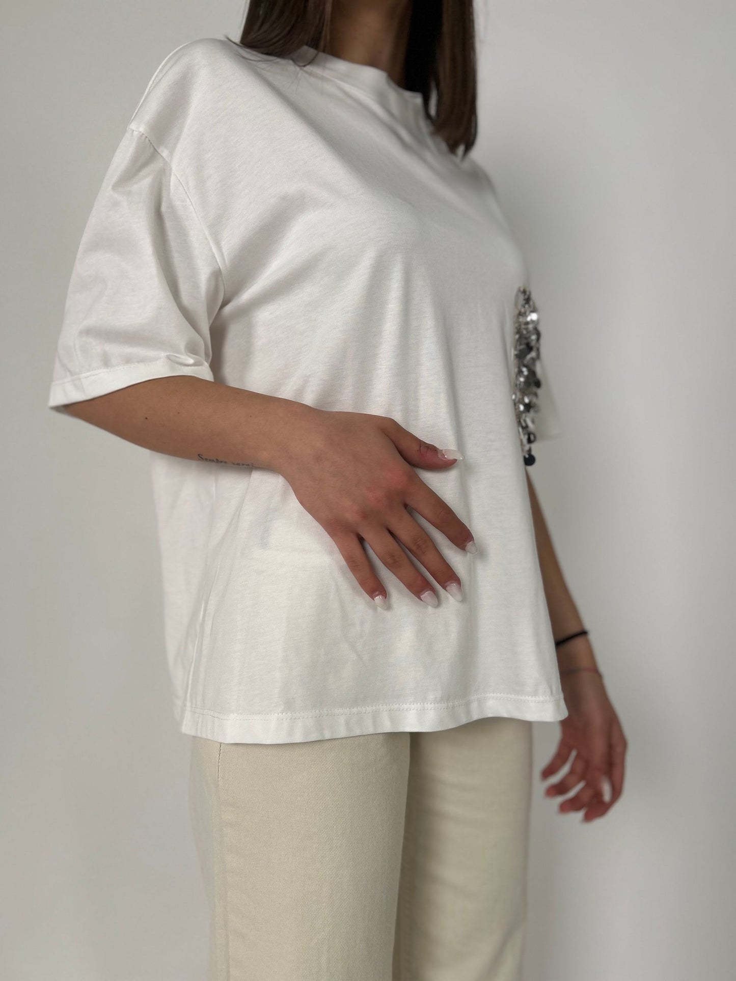 T-shirt mm taschino paillettes argento