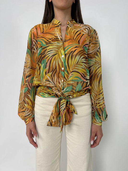 Camicia ml con scollo V e fiocco in vita