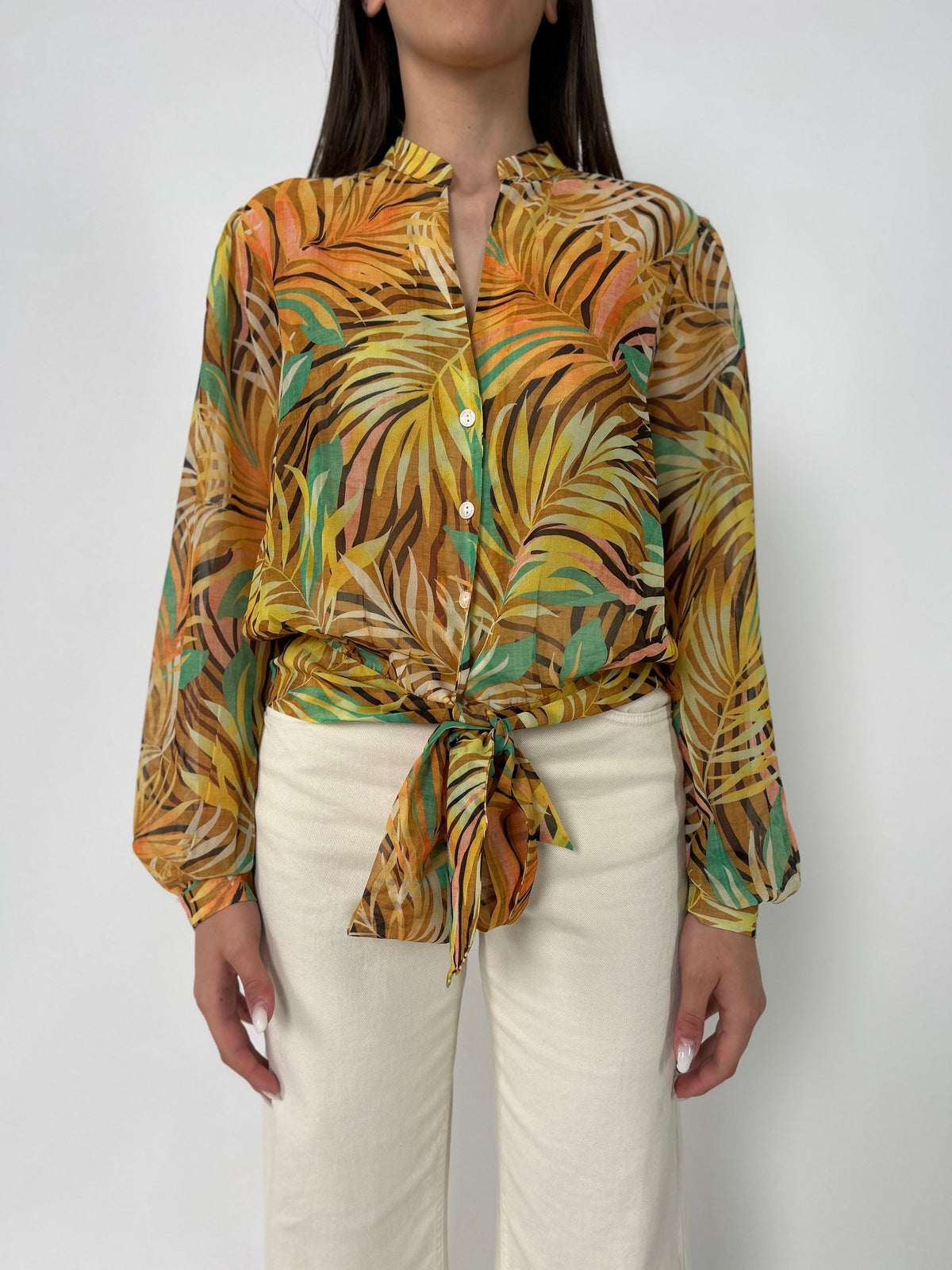 Camicia ml con scollo V e fiocco in vita