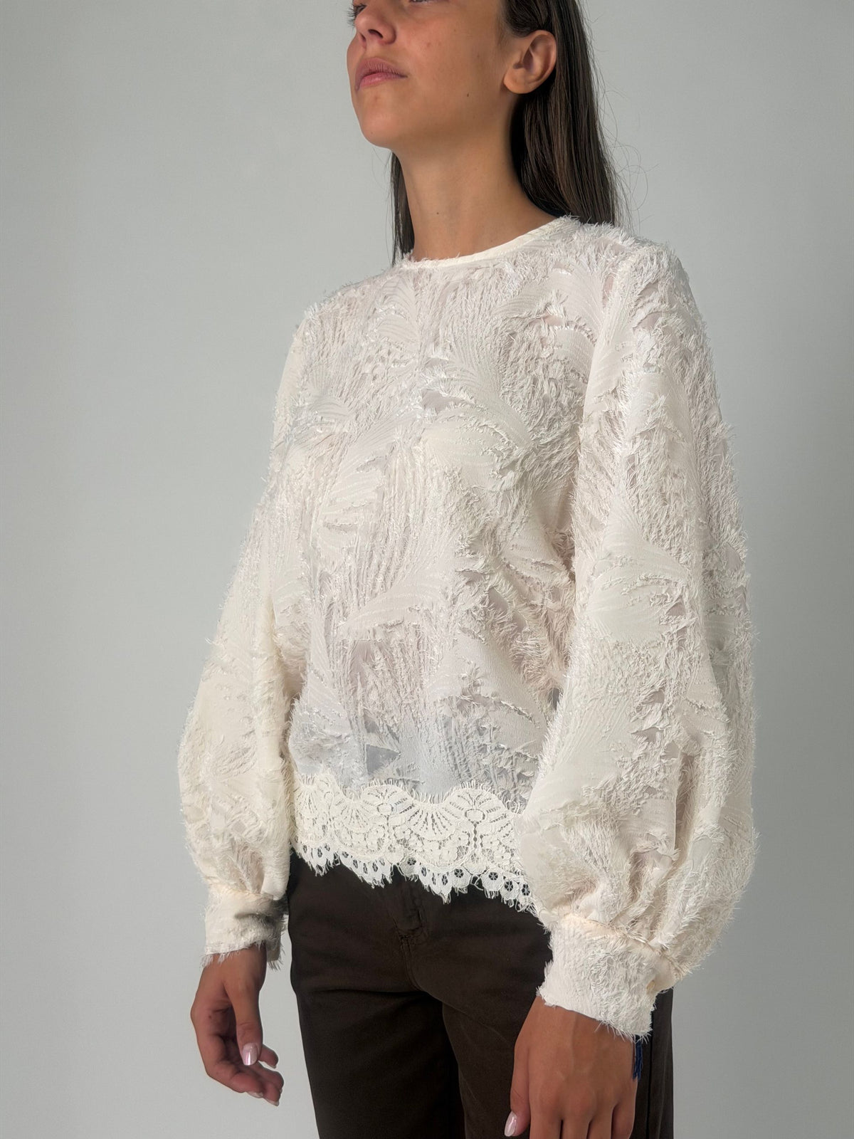 Blusa ml jacquard con pizzo