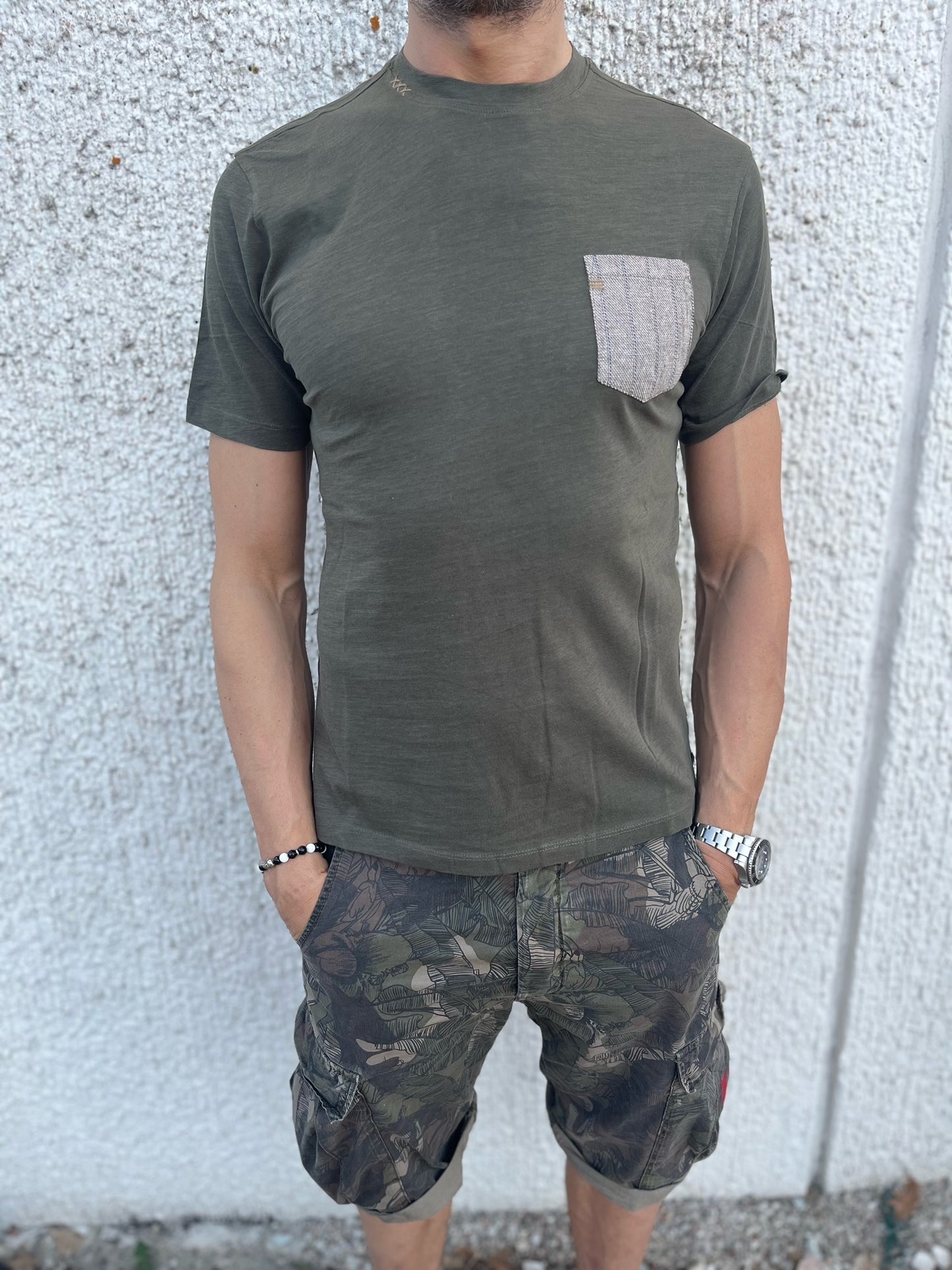 LOFT88 t-shirt mezza manica taschino yuta righe VERDE MILITARE