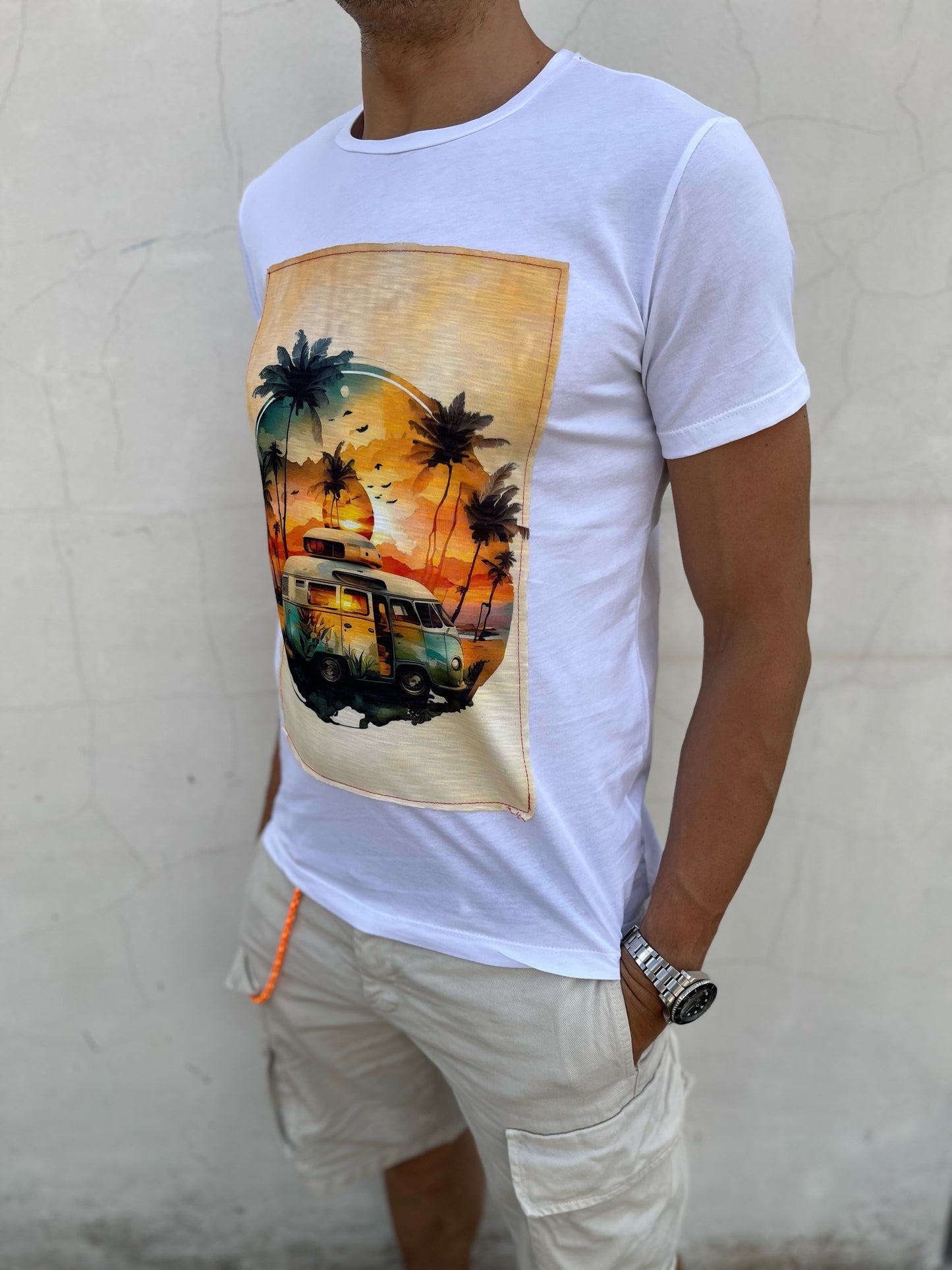 Trepuntonove tshirt mezza manica camioncino palme BIANCO