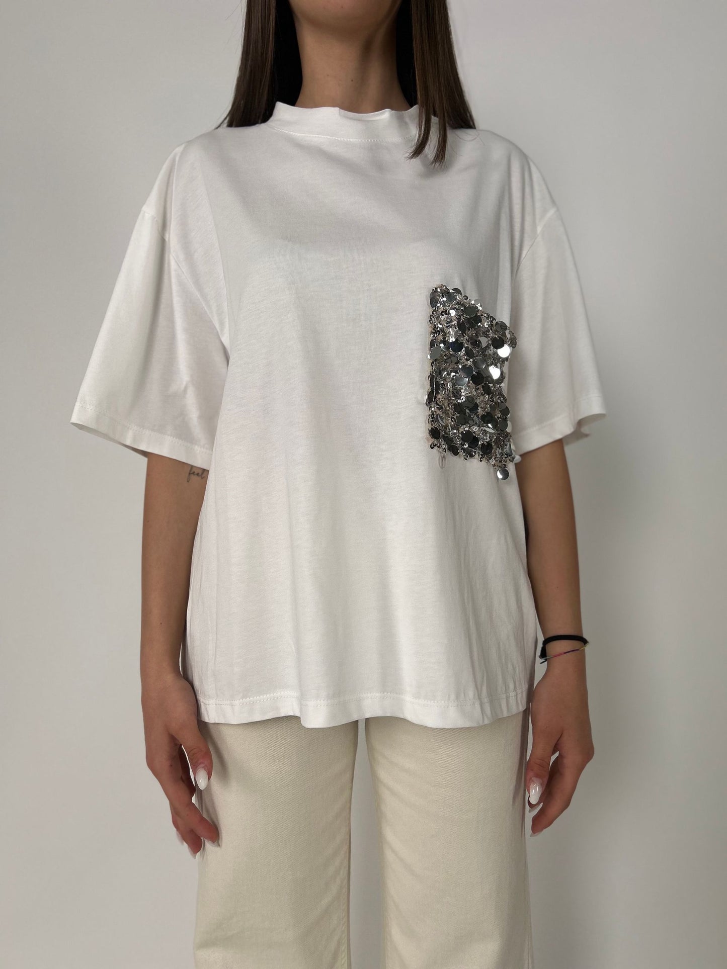 T-shirt mm taschino paillettes argento